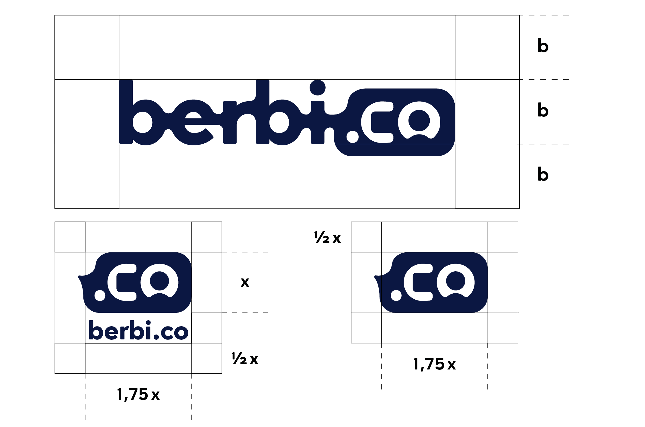Technische Darstellung der Logokonstruktion von „berbi.co“ mit Angaben zu Schutzabständen und Größenverhältnissen.