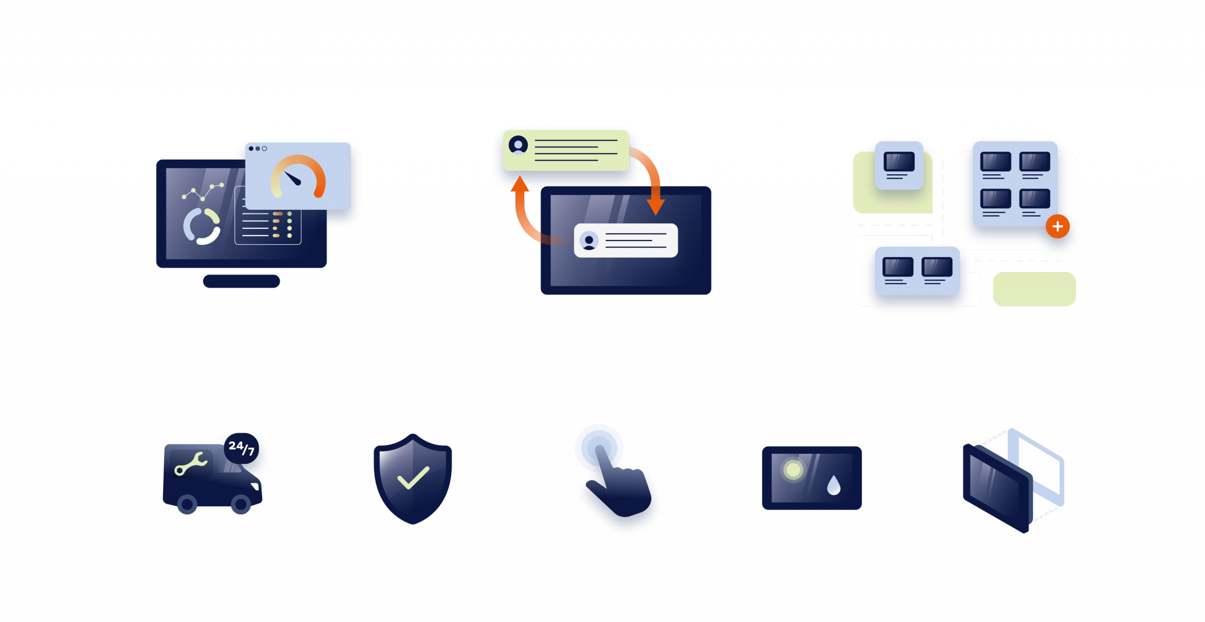 Reihe von digitalen Icons und Illustrationen für berbi.co, u. a. für Datenanalysen, Kommunikation, Geräteverwaltung, Support, Sicherheit und Touchbedienung.