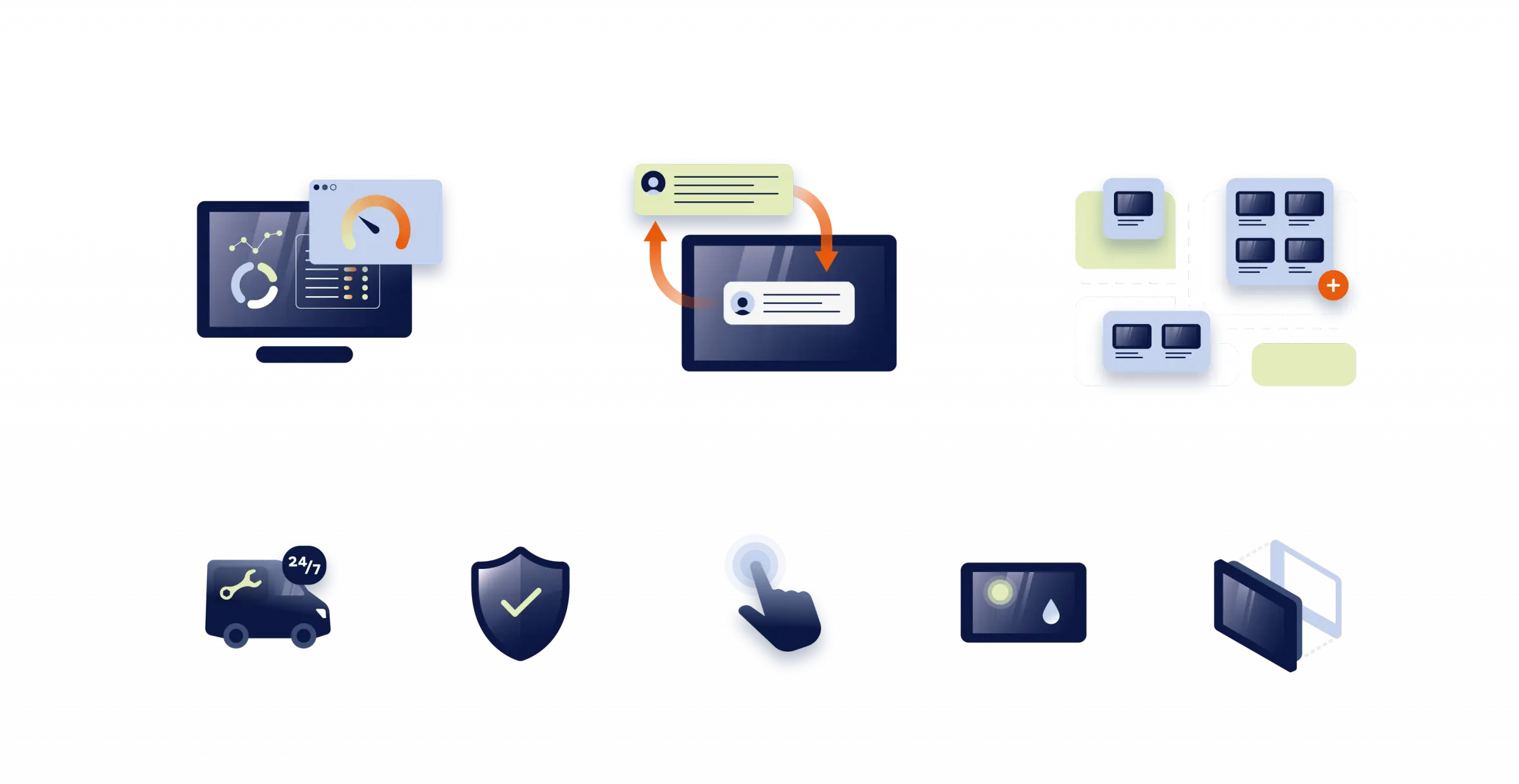 Reihe von digitalen Icons und Illustrationen f&uuml;r berbi.co, u. a. f&uuml;r Datenanalysen, Kommunikation, Ger&auml;teverwaltung, Support, Sicherheit und Touchbedienung.