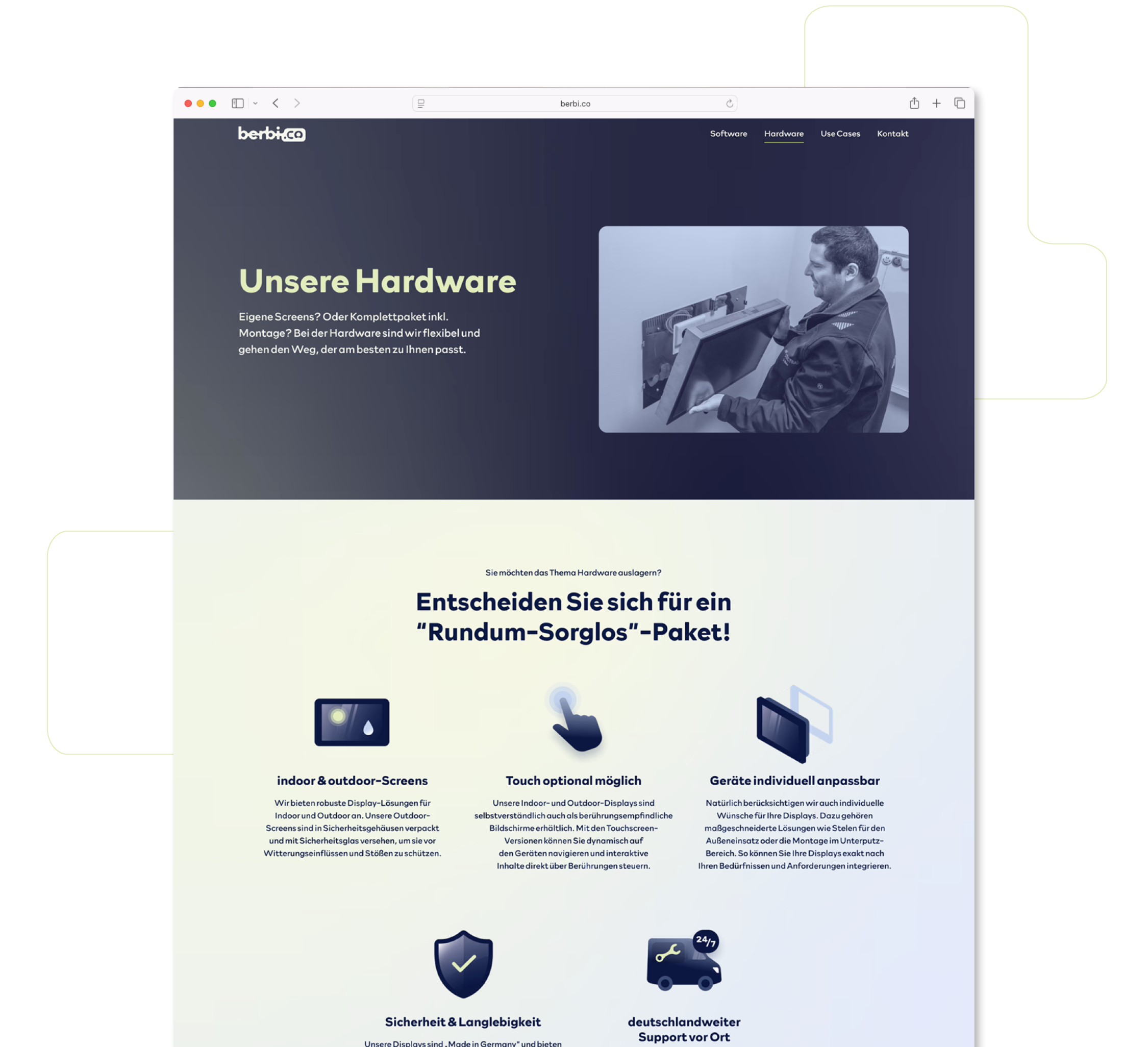 Screenshot der Website von berbi.co mit dem Bereich „Unsere Hardware“, inkl. Text über Digital Signage Displays und Bildern von Arbeiter:innen.