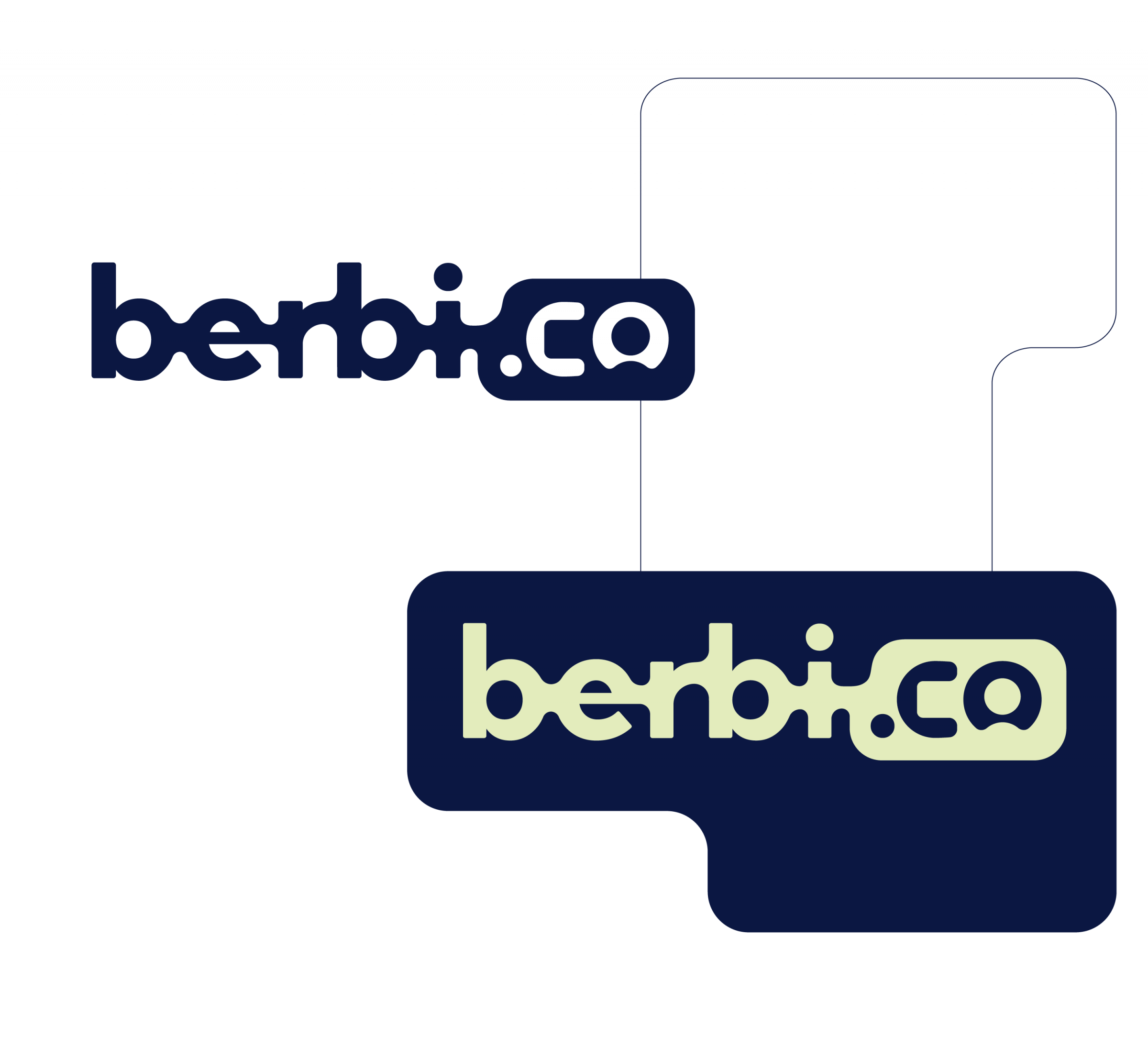Zwei Varianten des berbi.co-Logos in Kombination mit einem individuell geformten Key Visual in Dunkelblau und Hellgrün.