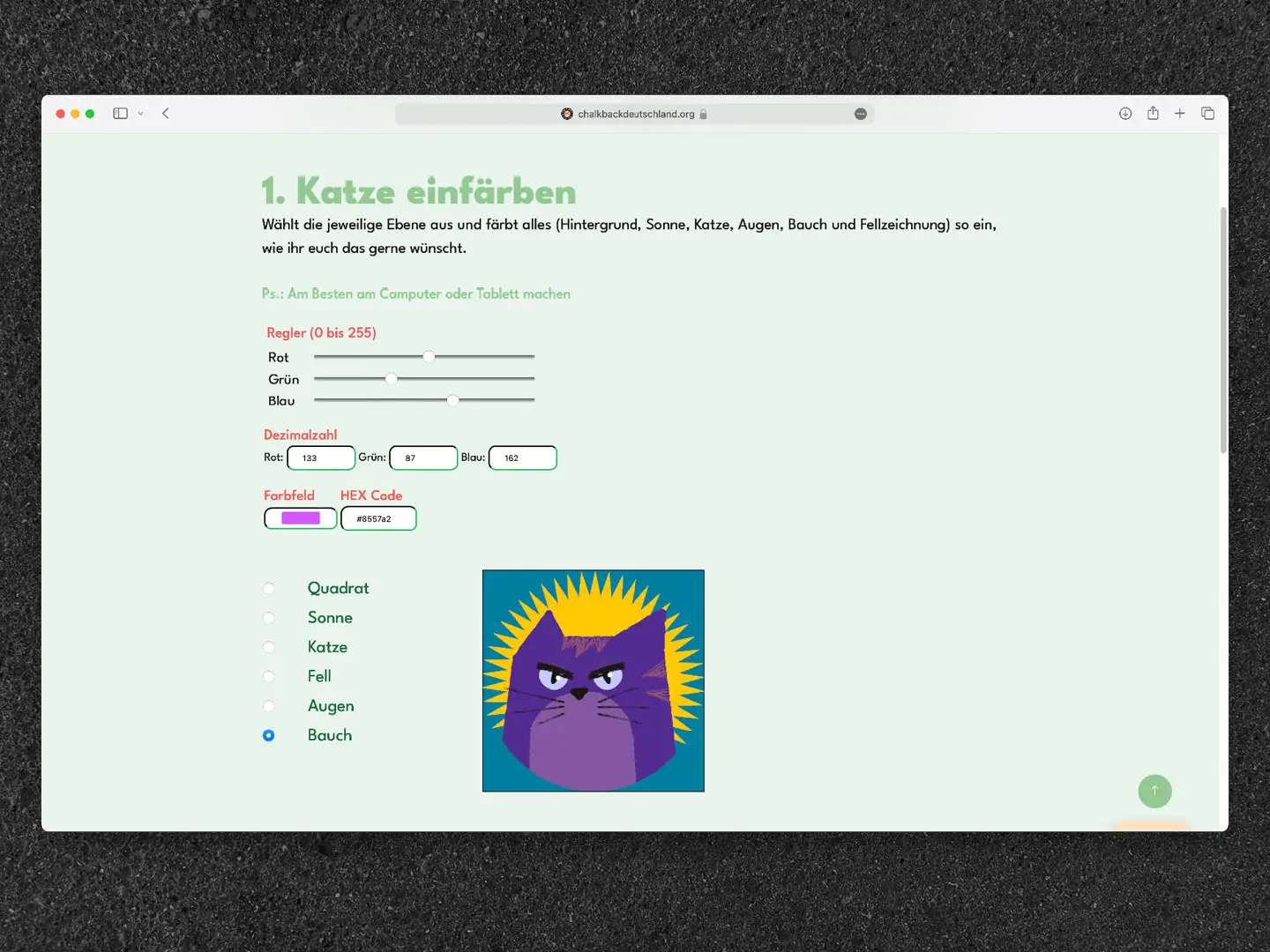 Screenshot eines Webtools mit der &Uuml;berschrift &sbquo;Katze einf&auml;rben&lsquo;, in dem Nutzer:innen die Farben einzelner Katzen-Elemente wie Hintergrund, Augen oder Bauch individuell ausw&auml;hlen k&ouml;nnen.