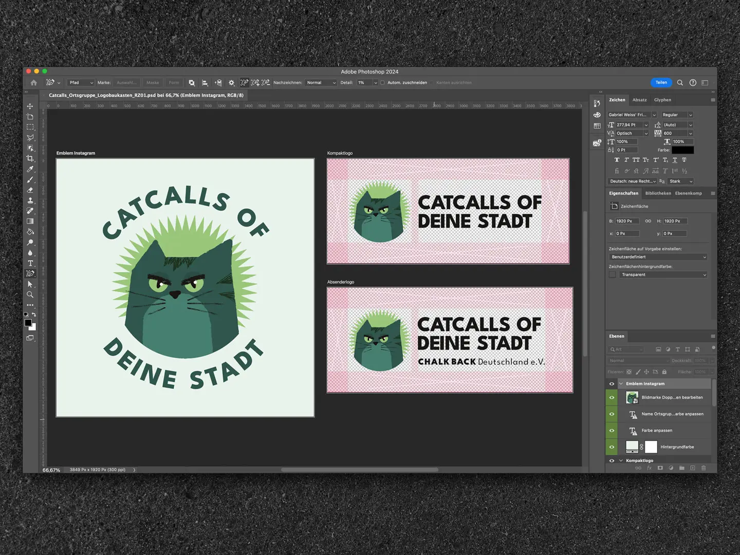 Ansicht eines Designprogramms mit mehreren Varianten des Logos &sbquo;CATCALLS OF DEINE STADT&lsquo; mit Katzen-Illustration, vorbereitet f&uuml;r unterschiedliche Formate wie Profilbilder und Social-Media-Banner.