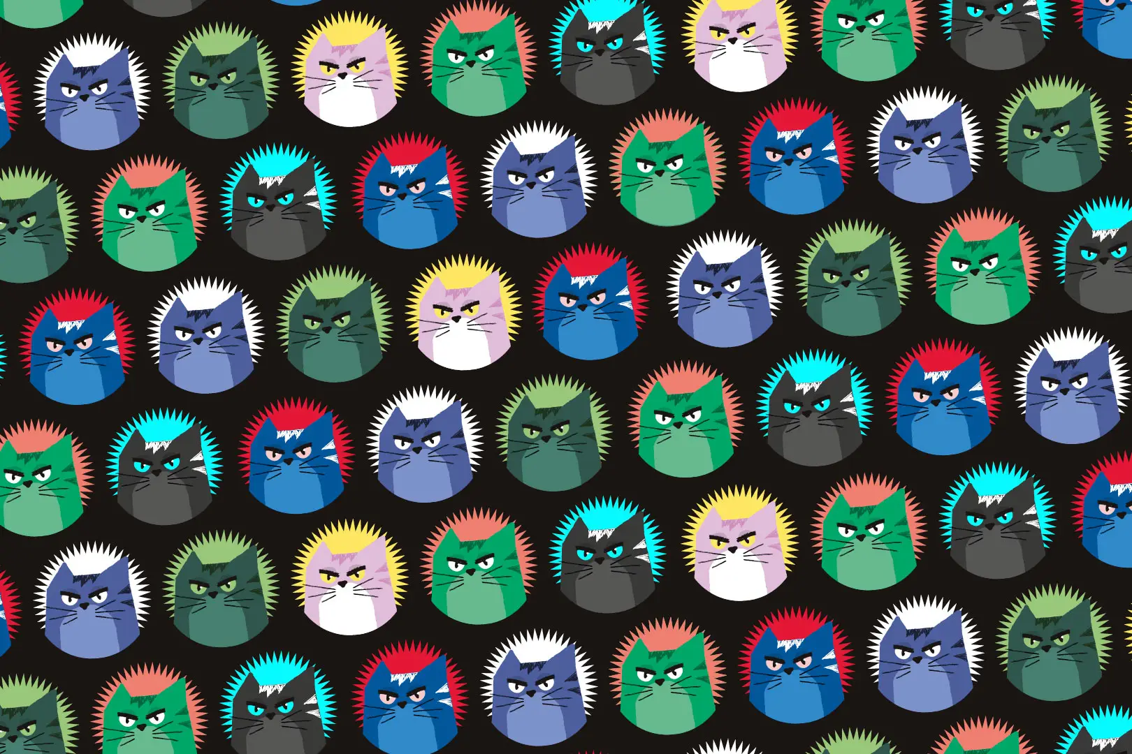 Raster aus bunten Katzen-Logos mit unterschiedlichen Gesichtsausdr&uuml;cken und Farbvarianten auf schwarzem Hintergrund, jeweils mit farbigem Zackenmuster im Hintergrund.
