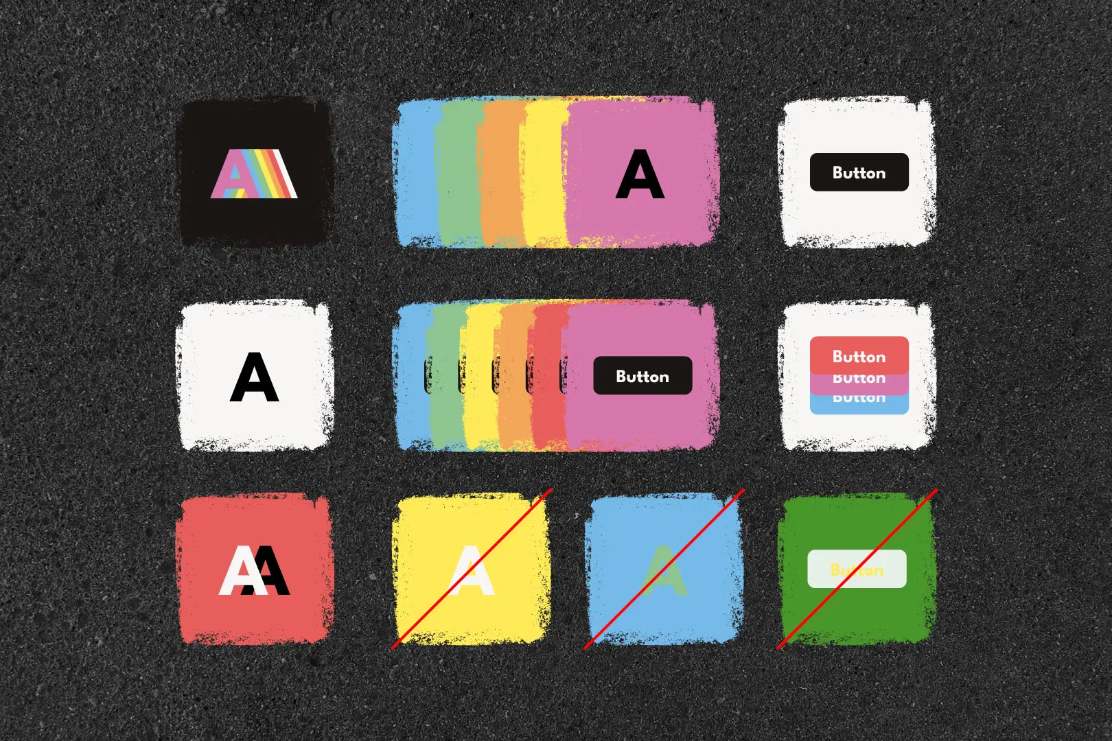 Rasterdarstellung verschiedener Farbpaletten und kontrastreicher Design-Elemente wie Icons und Typografie f&uuml;r barrierearme Gestaltung