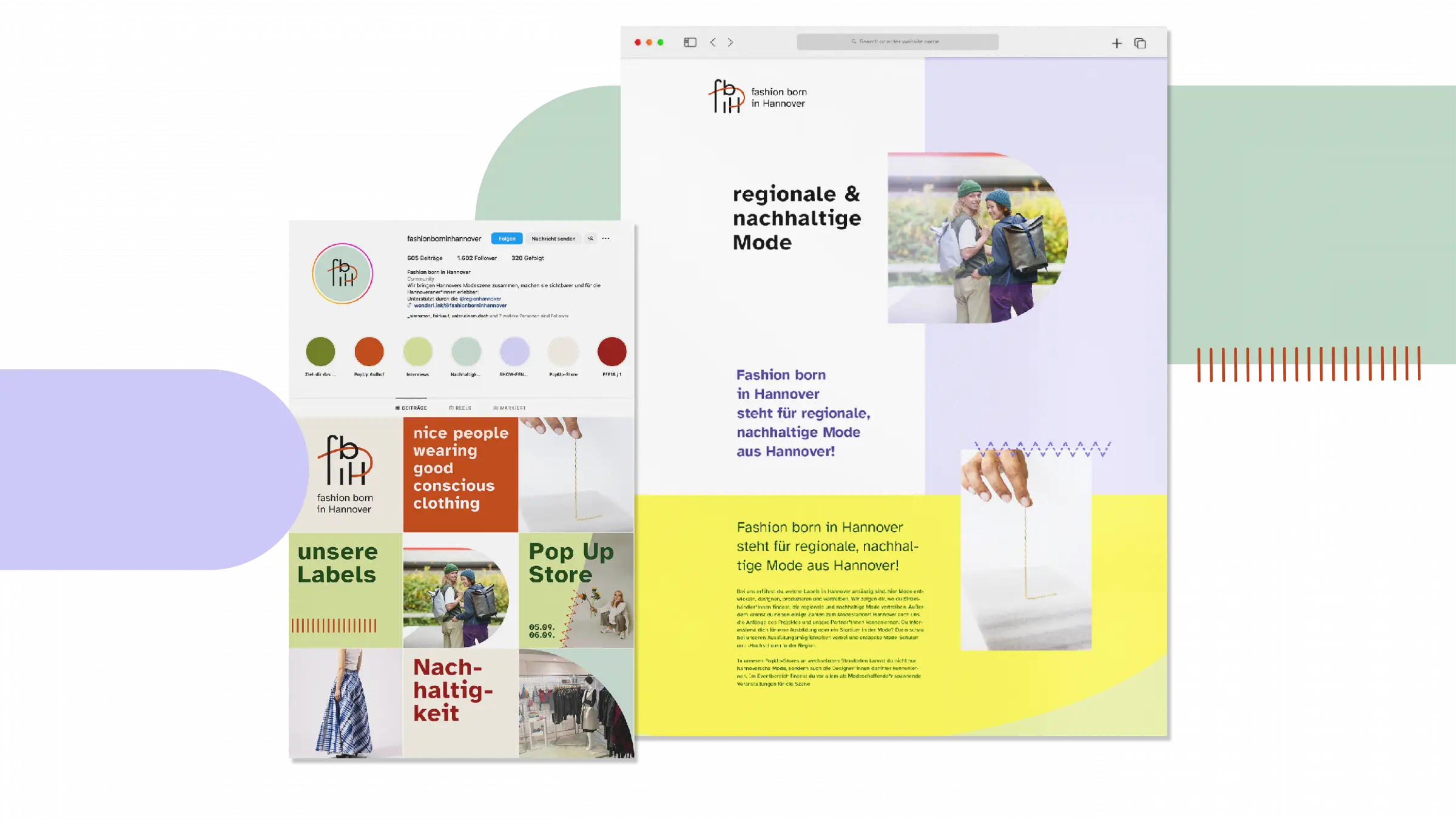 Zwei Screenshots. Der Linke ist von dem Instagram Account von fashion born in Hannover und zeigt die neu gestalteten Posts. Der rechte Screenshot ist im 16 zu 9 Format und zeigt die neue Website von fbiH.