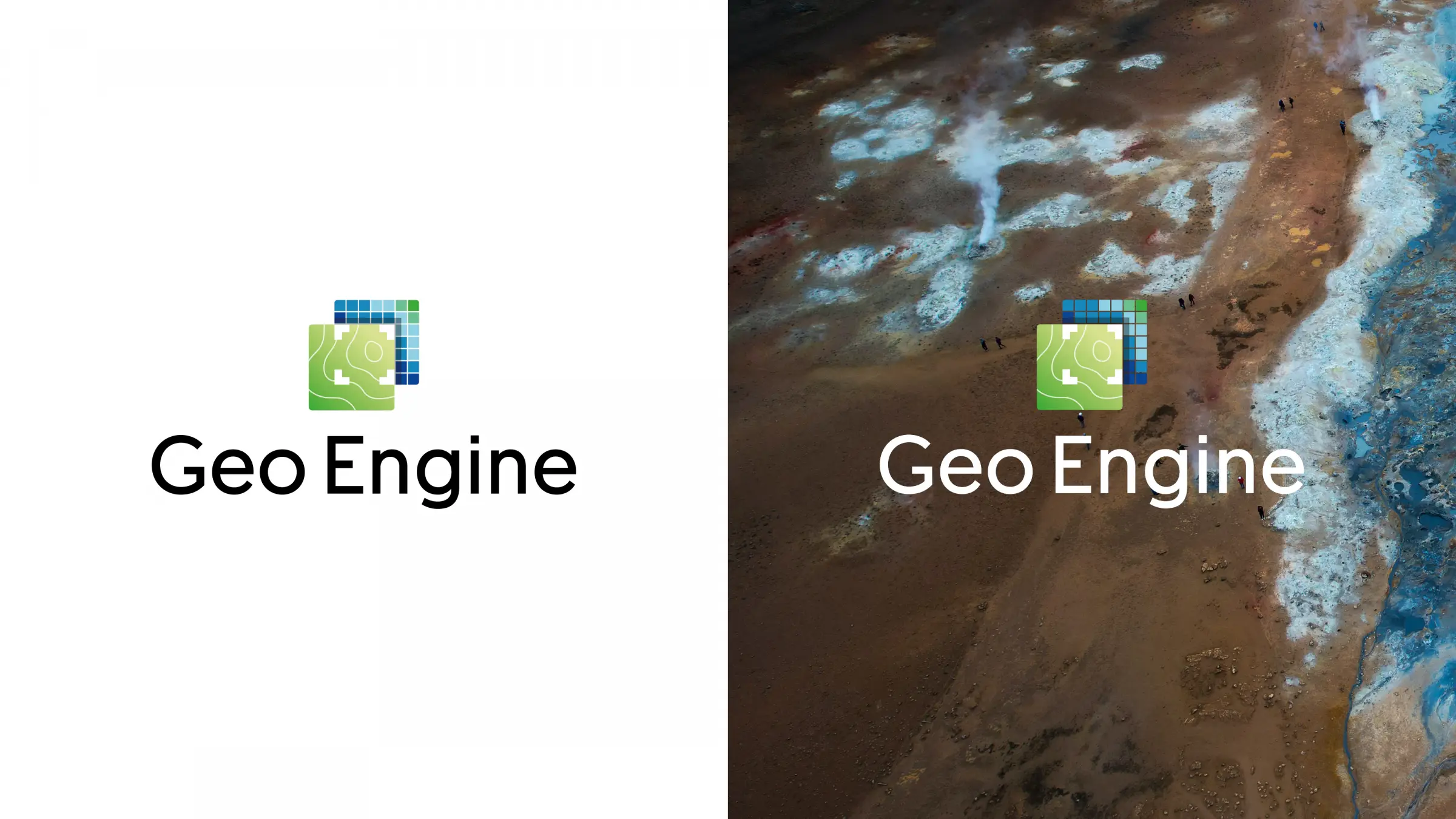 Geo Engine Logo bestehend aus einer gr&uuml;nen Karte mit H&ouml;henlinien und einer dar&uuml;berliegenden blauen Rastergrafik, darunter der Schriftzug &sbquo;Geo Engine'