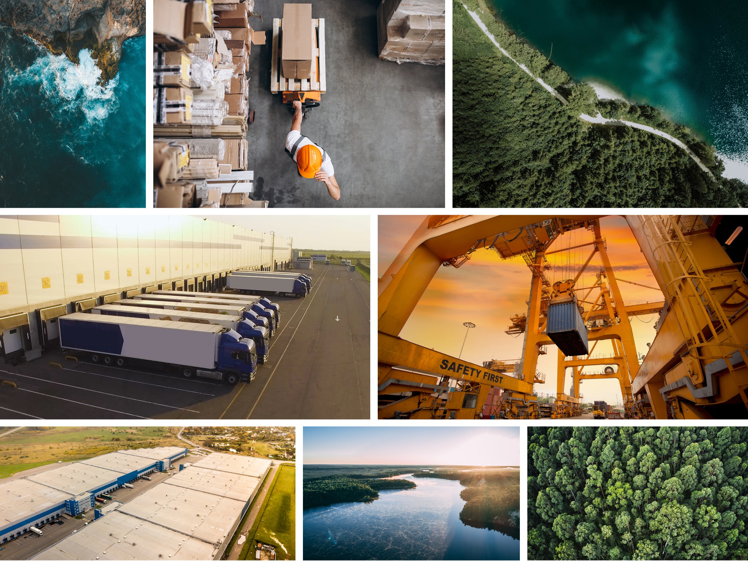 eine Collage aus Bildern von Naturaufnahmen und Bilder von Lagerhallen, LKWs und Containern für den Einsatz im B2C-Bereich