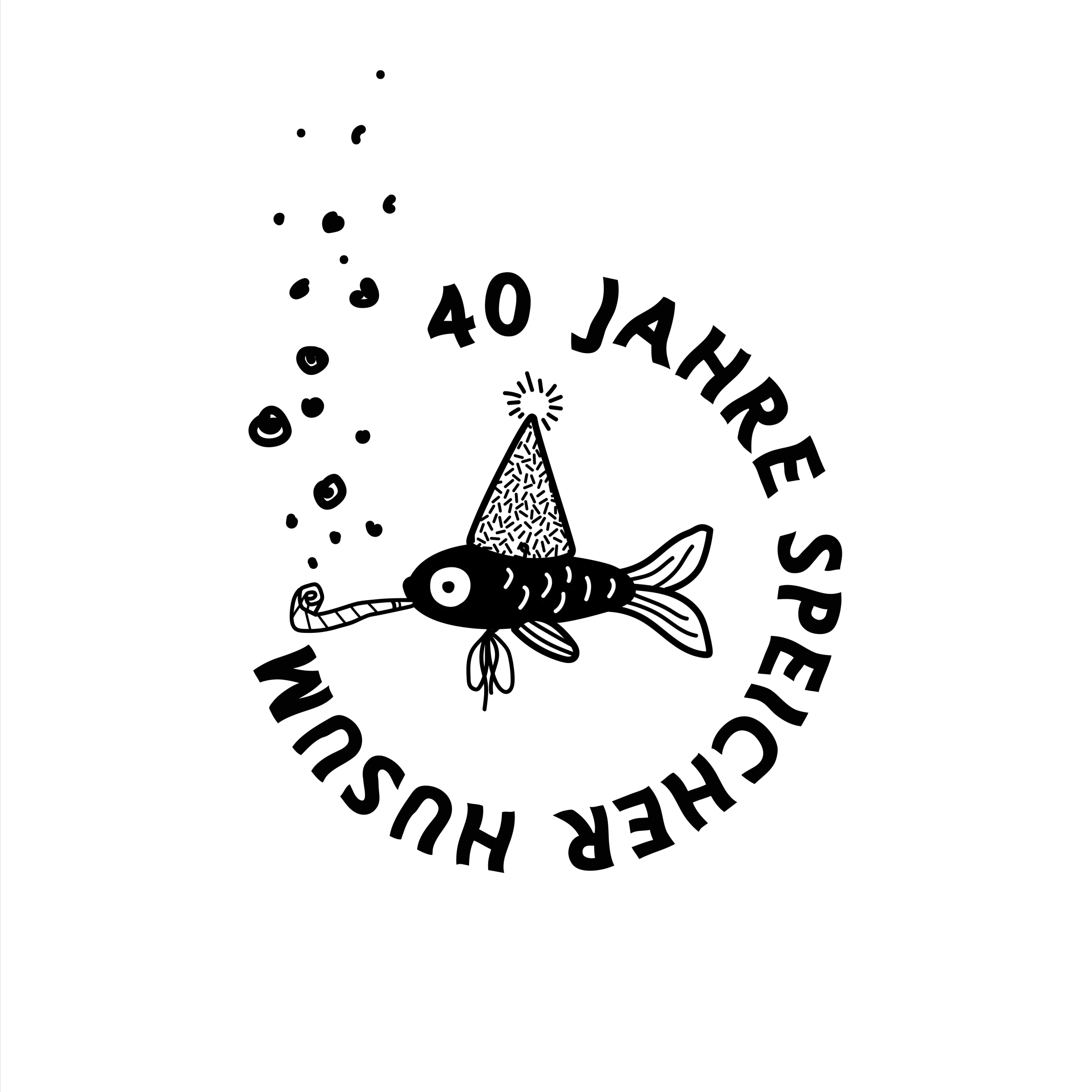 Illustration eines Fisches mit Partyh&uuml;tchen und Tr&ouml;te, umgeben vom kreisf&ouml;rmig angeordneten Schriftzug &sbquo;40 Jahre Speicher Husum&lsquo;, schwarz auf wei&szlig;em Hintergrund.