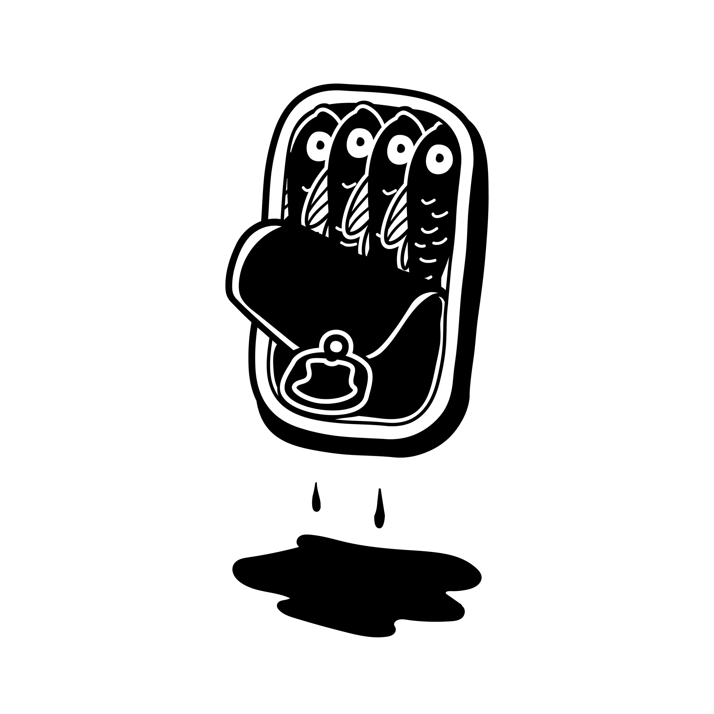 chwarz-wei&szlig;e Zeichnung einer ge&ouml;ffneten Sardinendose mit drei nebeneinander liegenden Fischen, aus der Fl&uuml;ssigkeit tropft.