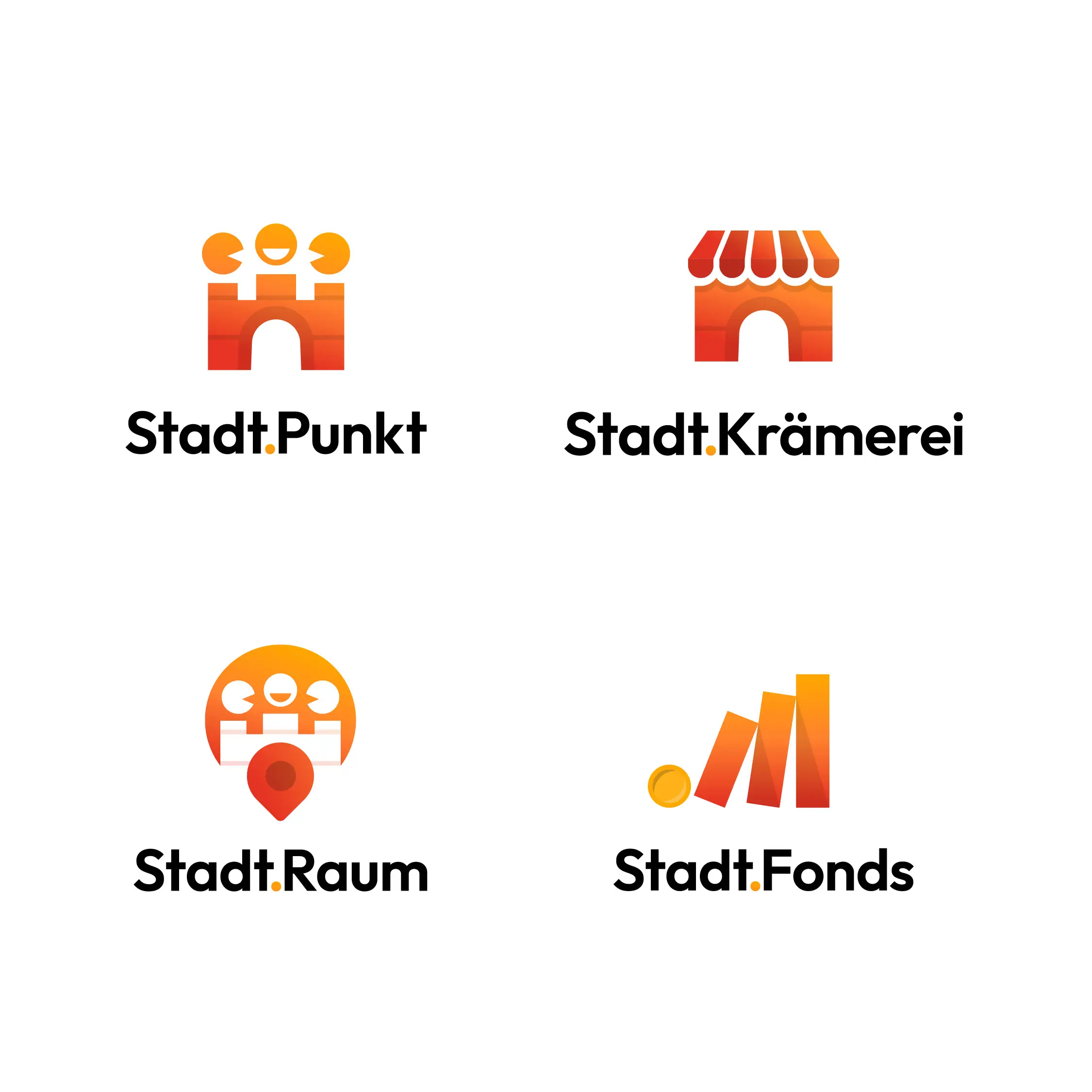 4 Logos mit Wortmarken: Stadt.Punkt, Stadt.Kr&auml;merei, Stadt.Raum, Stadt.Fonds. Sie sind alle im selben Stil gehalten.