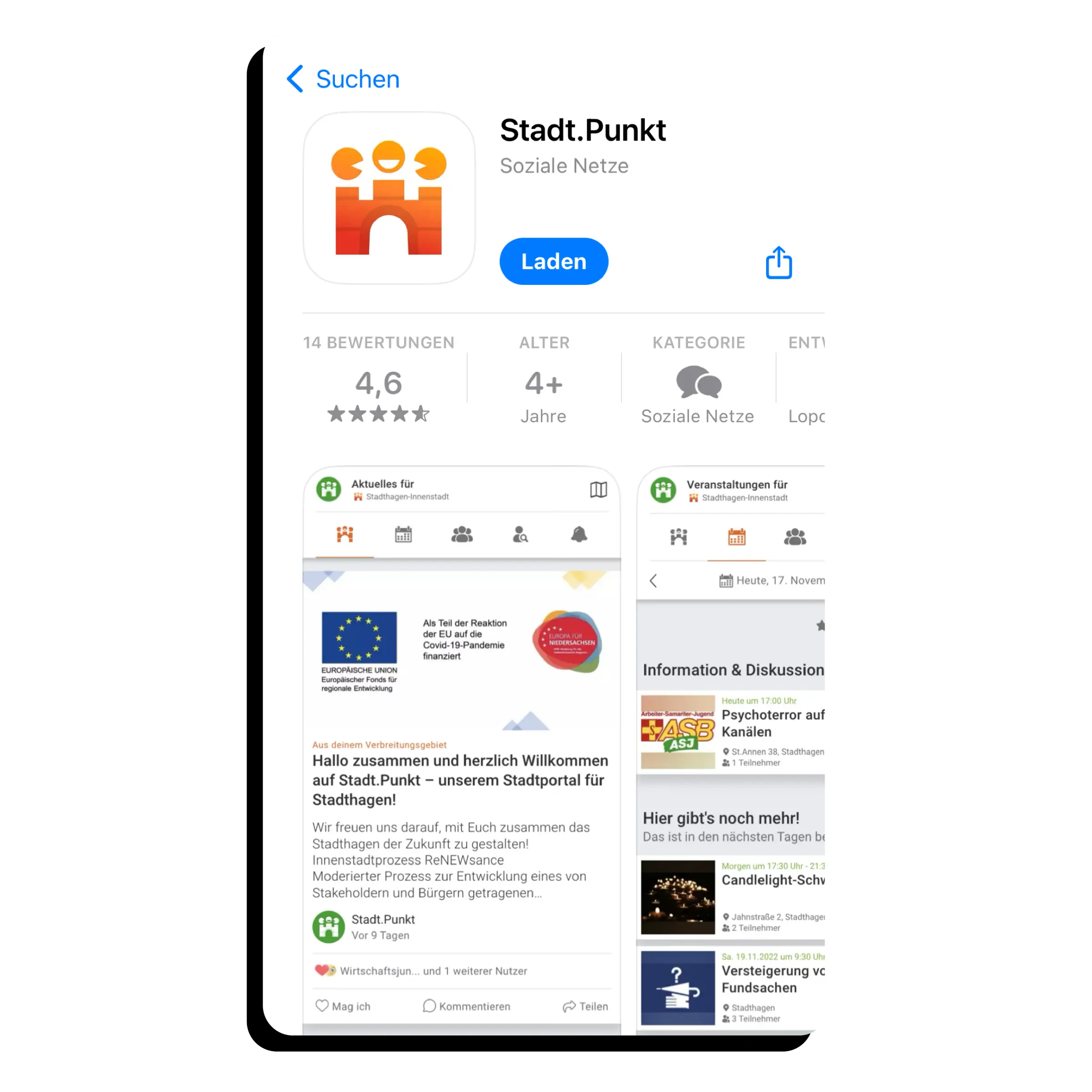 Ein Screenshot aus dem Apple Store. Er zeigt die App "Stadt.Punkt".