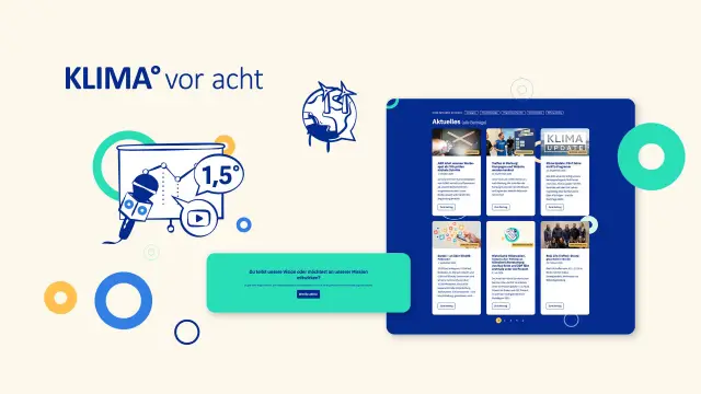 Das Logo von KLIMA vor acht, darunter und daneben je eine Illustration, daneben zwei Webseiten-Elemente.