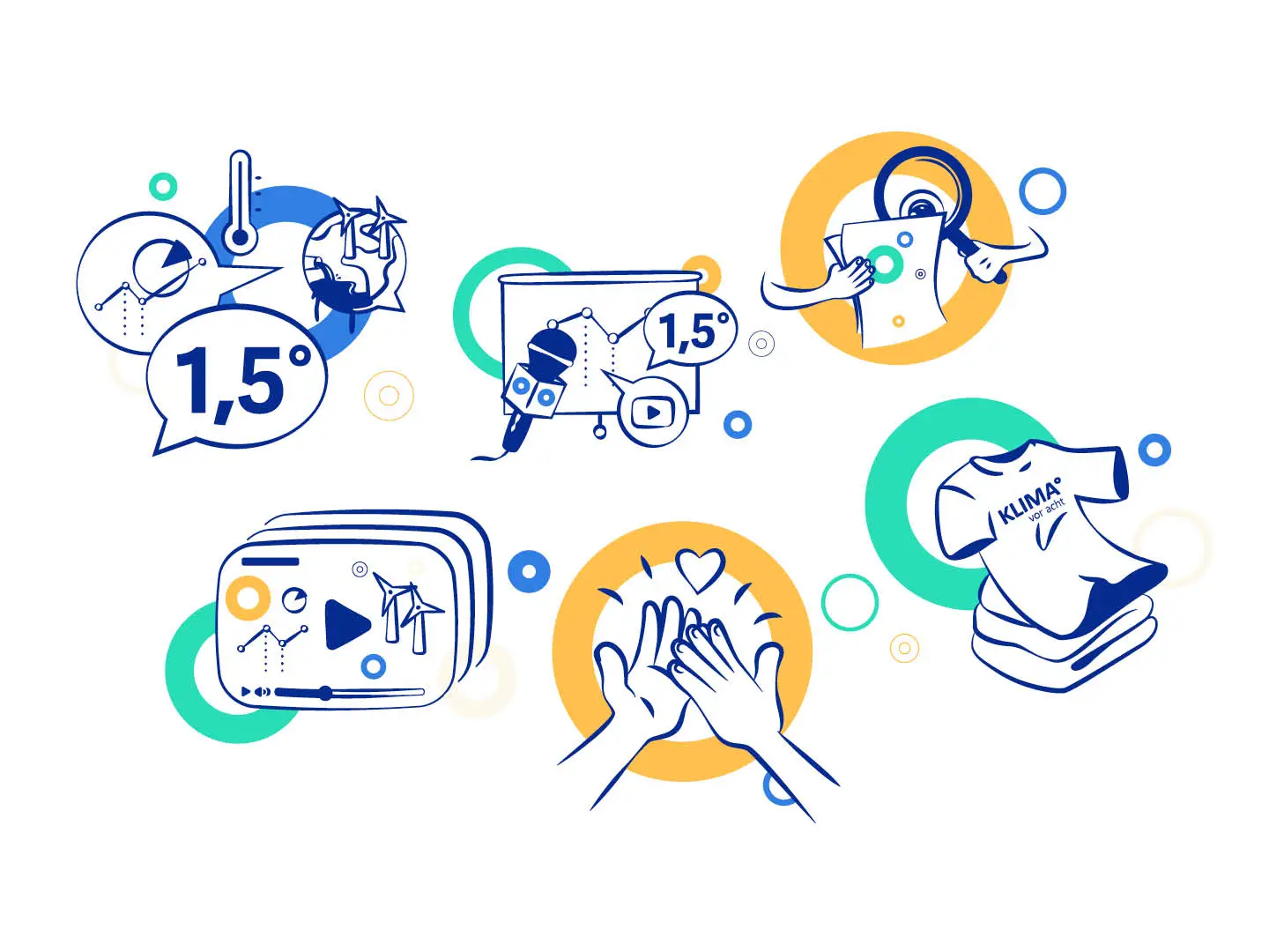 mehrere Illustrationen im selben Stil zu den Themen Klima-Berichterstattung, Recherche, Teamwork, Merchandise